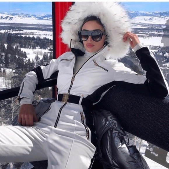 Luxury White Black Gold Fur Hooded Ski Suit Jumpsuit Women's Snowboard US 6 - Picture 2 of 16